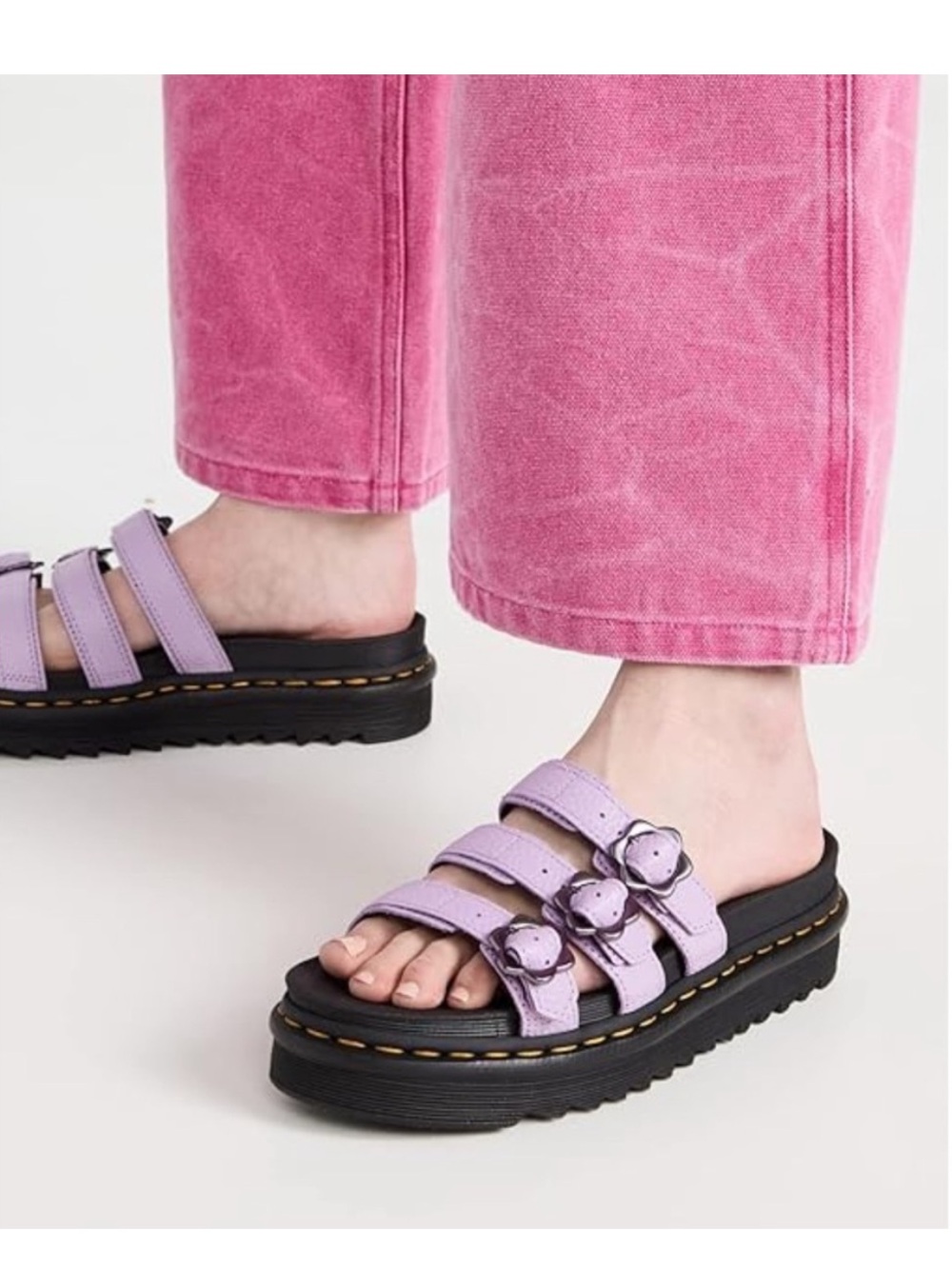 NEW Dr. Martens Blaire Flower Buckle Milled Nappa Slide Sandals in Lilac Sz 9 W